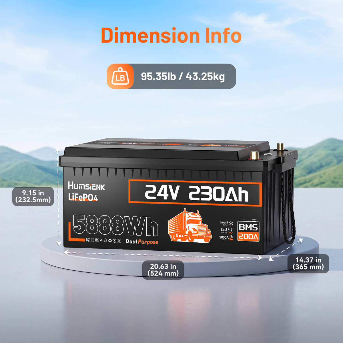 Humsienk 24V 230Ah 1800CCA Self‑Heating Bluetooth LiFePO4 Battery with 200A BMS