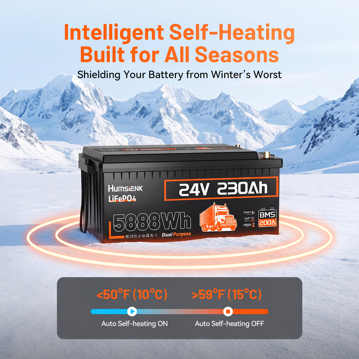 Humsienk 24V 230Ah 1800CCA Self‑Heating Bluetooth LiFePO4 Battery with 200A BMS