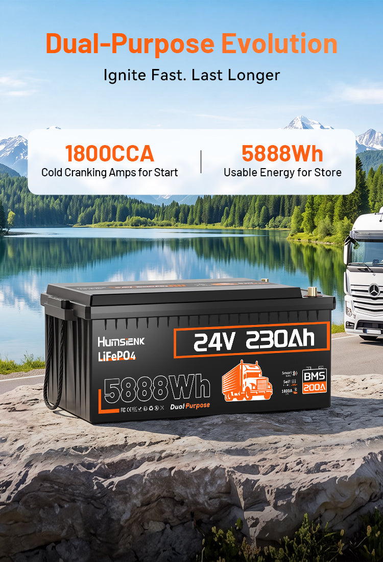 Humsienk 24V 230Ah LiFePO4 dual-purpose battery with 1800CCA cold cranking amps and 5888Wh usable energy for starting and storage.Mobile