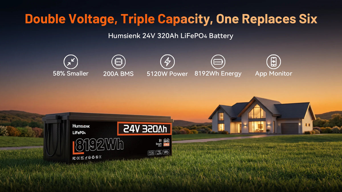 Humsienk 24V 320Ah LiFePO₄ battery with key specifications: 8192Wh energy, 200A BMS, 5120W power, App Monitor, 58% smaller size, and replaces six batteries. PC