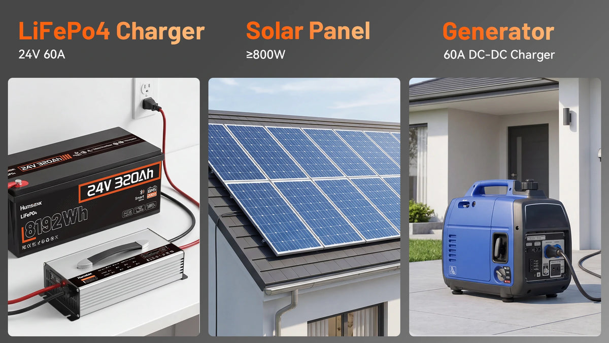 Humsienk 24V 320Ah LiFePO4 battery charging diagram with 60A AC charger, 800W solar panel, and generator DC-DC input connections.PC