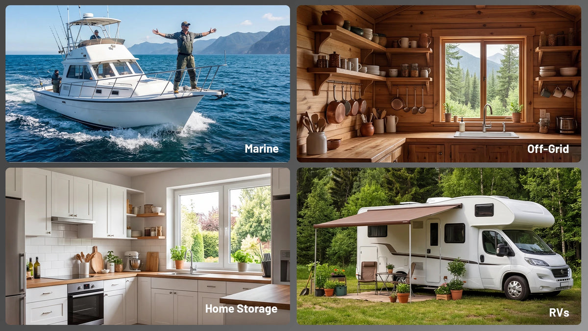 Humsienk 24V 320Ah LiFePO4 battery application icons for marine, off‑grid, home storage, and RVs.PC
