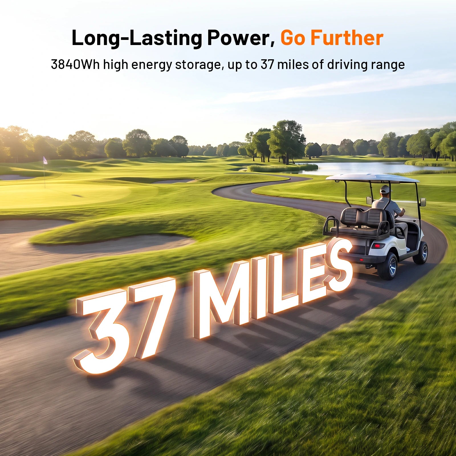 Humsienk 36V 100Ah golf cart battery with 3840Wh energy storage providing up to 37 miles driving range per charge