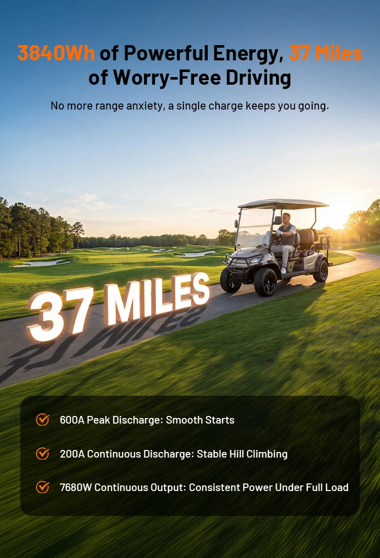 Humsienk 36V 100Ah LiFePO4 golf cart battery – 37 miles range, 600A peak discharge, 200A continuous, 7680W stable output.mobile