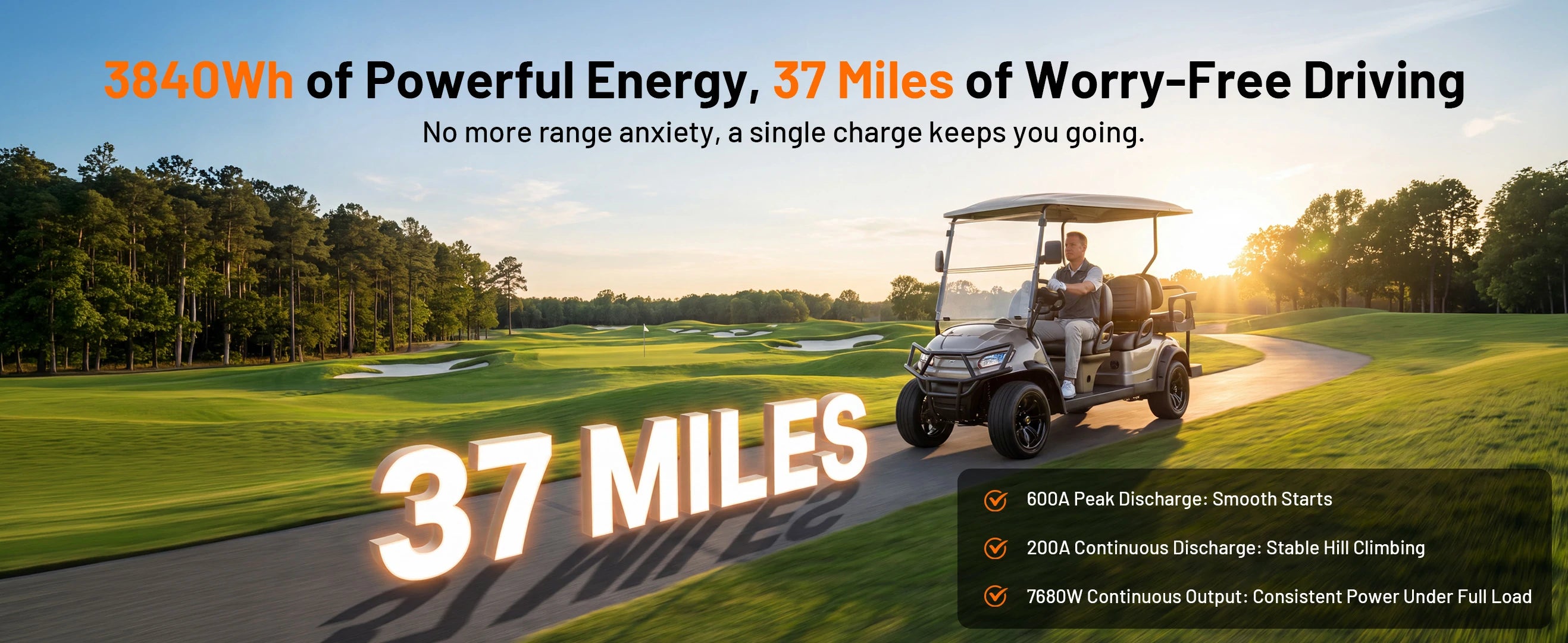 Humsienk 36V 100Ah LiFePO4 golf cart battery – 37 miles range, 600A peak discharge, 200A continuous, 7680W stable output