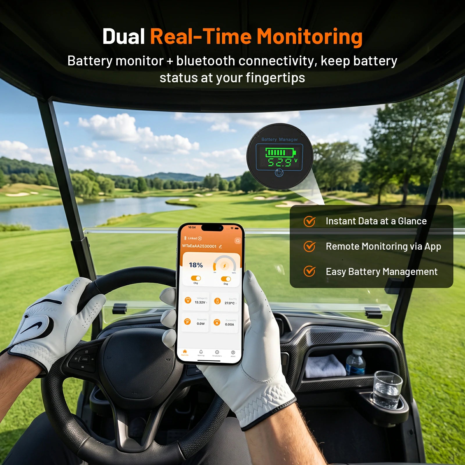 Humsienk 36V 100Ah golf cart battery with Bluetooth APP and built-in monitor for real-time voltage and SOC remote monitoring