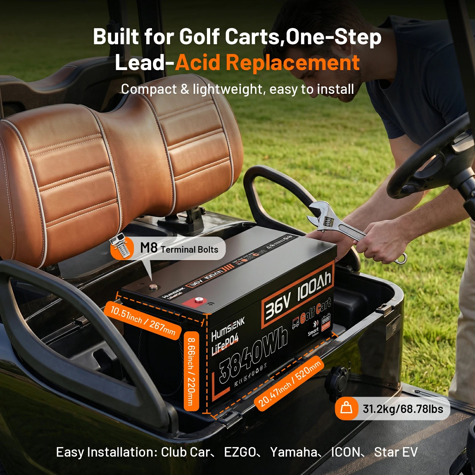 Humsienk 36V 100Ah golf cart LiFePO4 battery dimensions 520x267x220mm weight 31.2kg with M8 terminals fits Club Car EZGO Yamaha