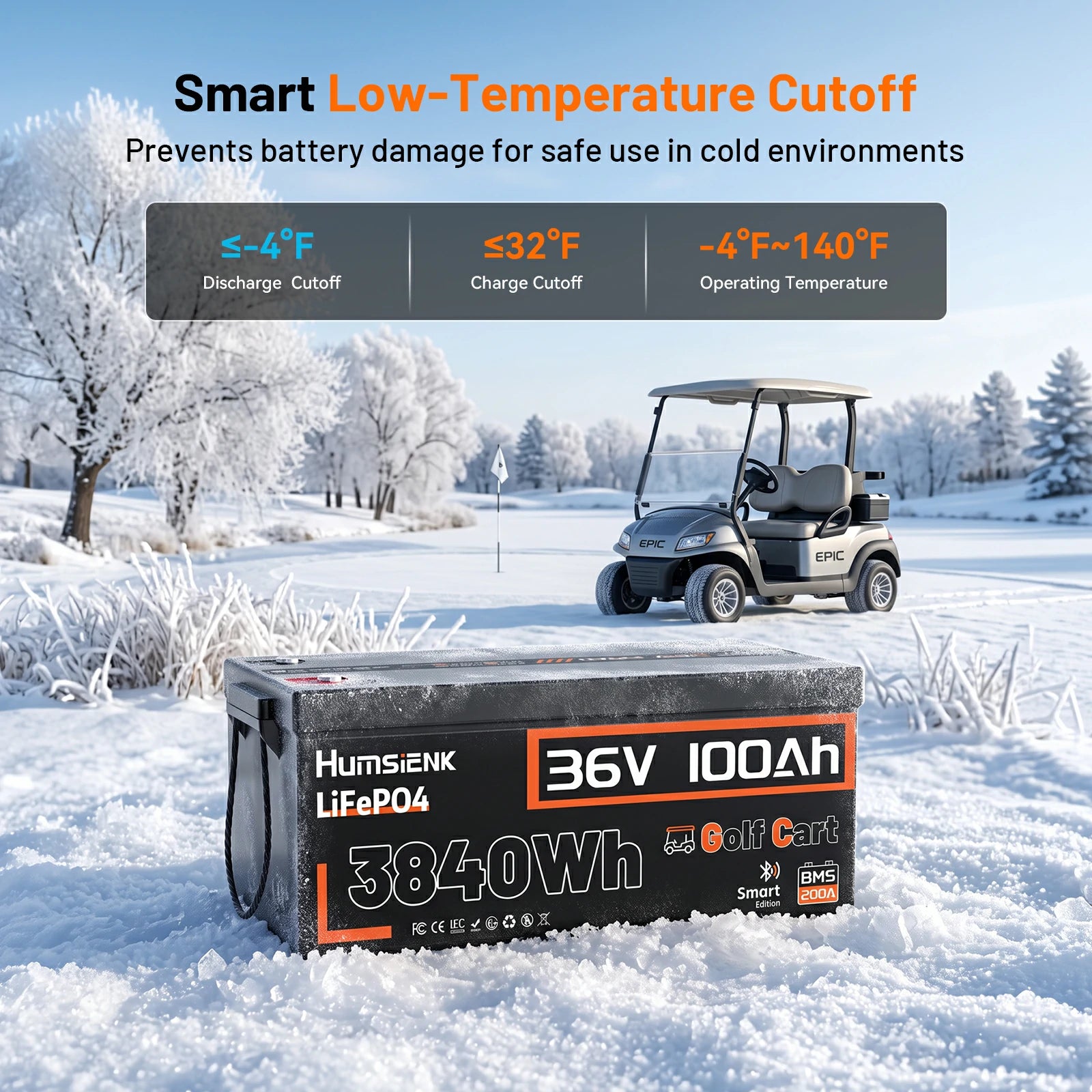 Humsienk 36V 100Ah LiFePO4 golf cart battery with smart low-temperature cutoff at -4°F discharge and 32°F charge protection
