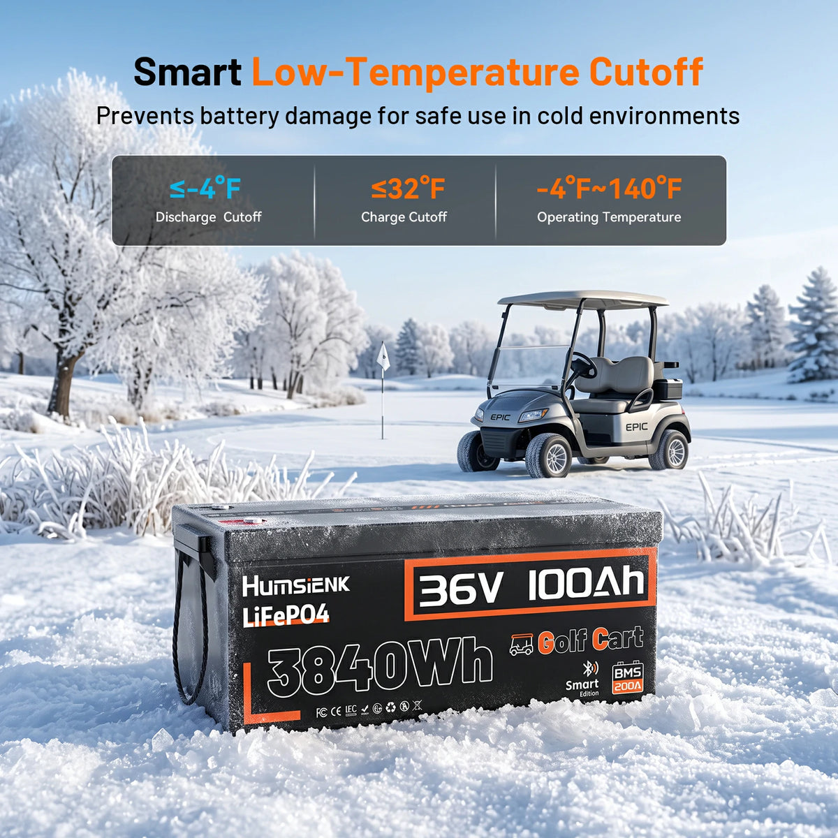 Humsienk 36V 100Ah LiFePO4 golf cart battery with smart low-temperature cutoff at -4°F discharge and 32°F charge protection