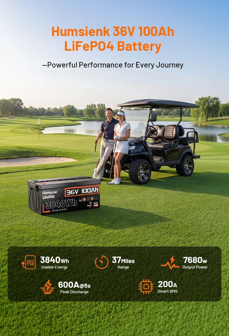 Humsienk 36V 100Ah LiFePO4 golf cart battery with Bluetooth BMS, 3840Wh usable energy, 7680W continuous output power.Mobile