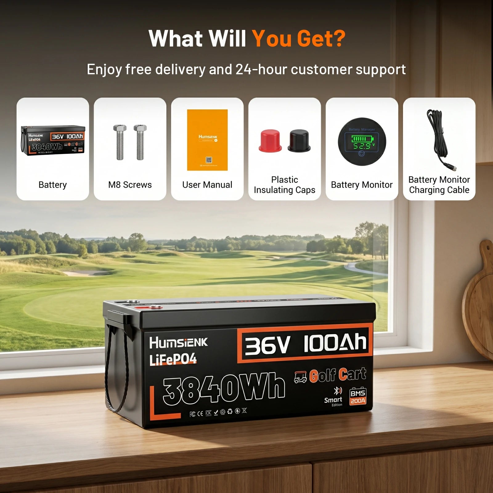 Humsienk 36V 100Ah golf cart battery package includes battery M8 screws user manual insulating caps monitor and charging cable