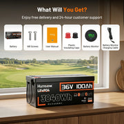 Humsienk 36V 100Ah golf cart battery package includes battery M8 screws user manual insulating caps monitor and charging cable