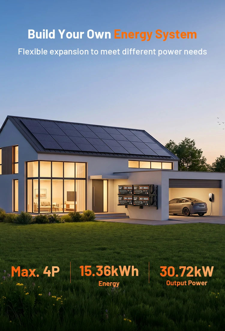 Humsienk expandable LiFePO4 battery system – Max 4P parallel, 15.36kWh total energy, 30.72kW output power.mobile