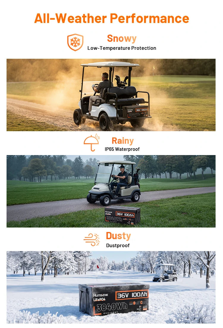 Humsienk all-weather LiFePO4 golf cart battery – IP65 waterproof, dustproof, low-temperature protection for snow and rain.mobile