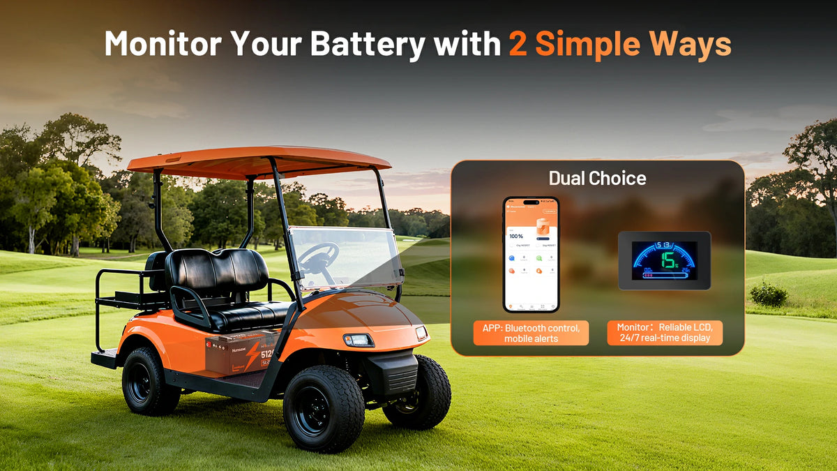 Humsienk 48V 100Ah LiFePO4 golf cart battery with dual monitoring – Bluetooth app control with mobile alerts and reliable LCD display for 24/7 real‑time battery status.PC