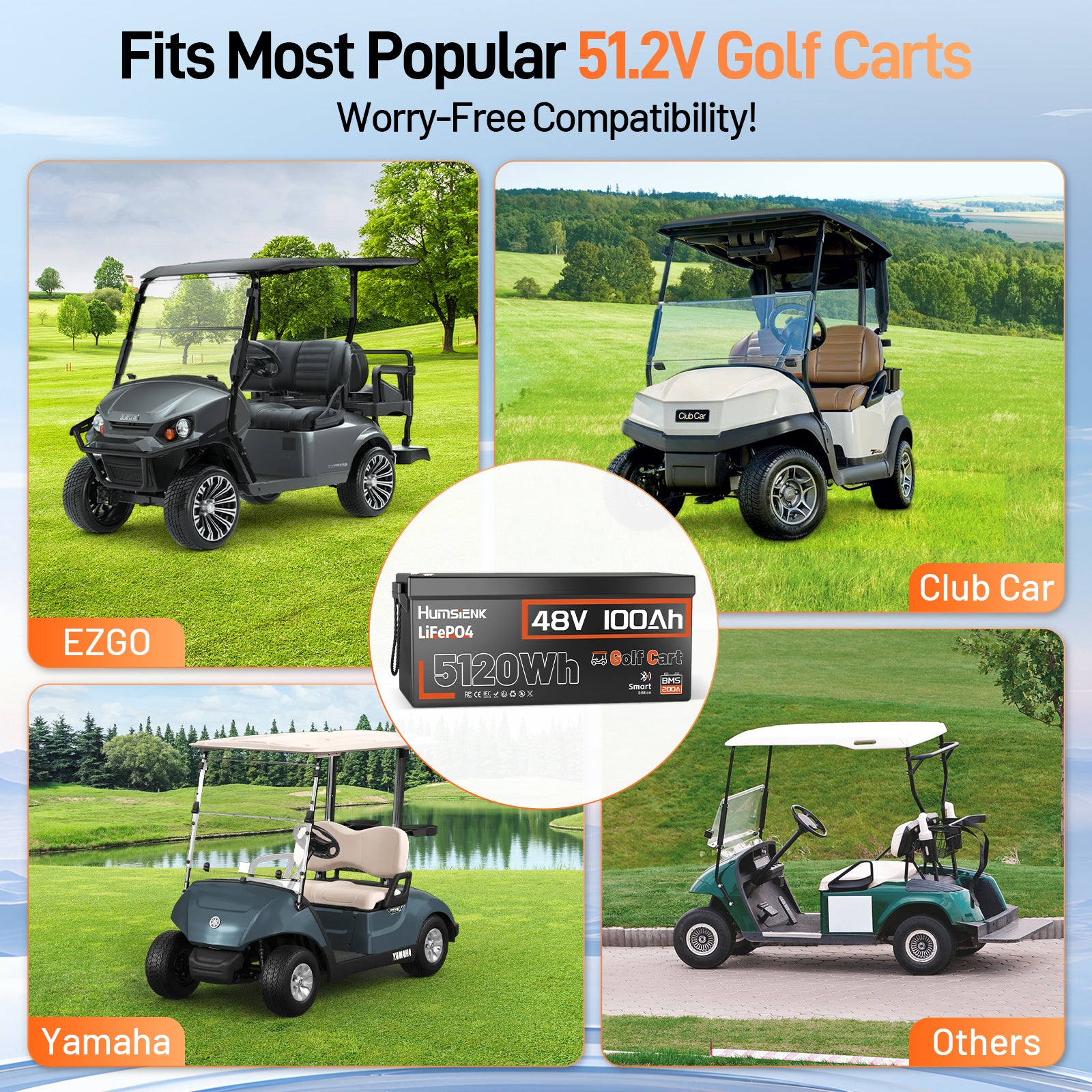 [⚡Automatic $50 OFF] 48V 100Ah Golf Cart Bluetooth LiFePO4 Battery with 200A BMS V1