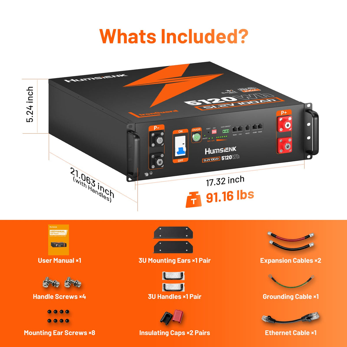 Humsienk 48V 100Ah 3U Server Rack LiFePO4 Battery | 3A Active Balancing & CAN/RS485/RS232 Protocols