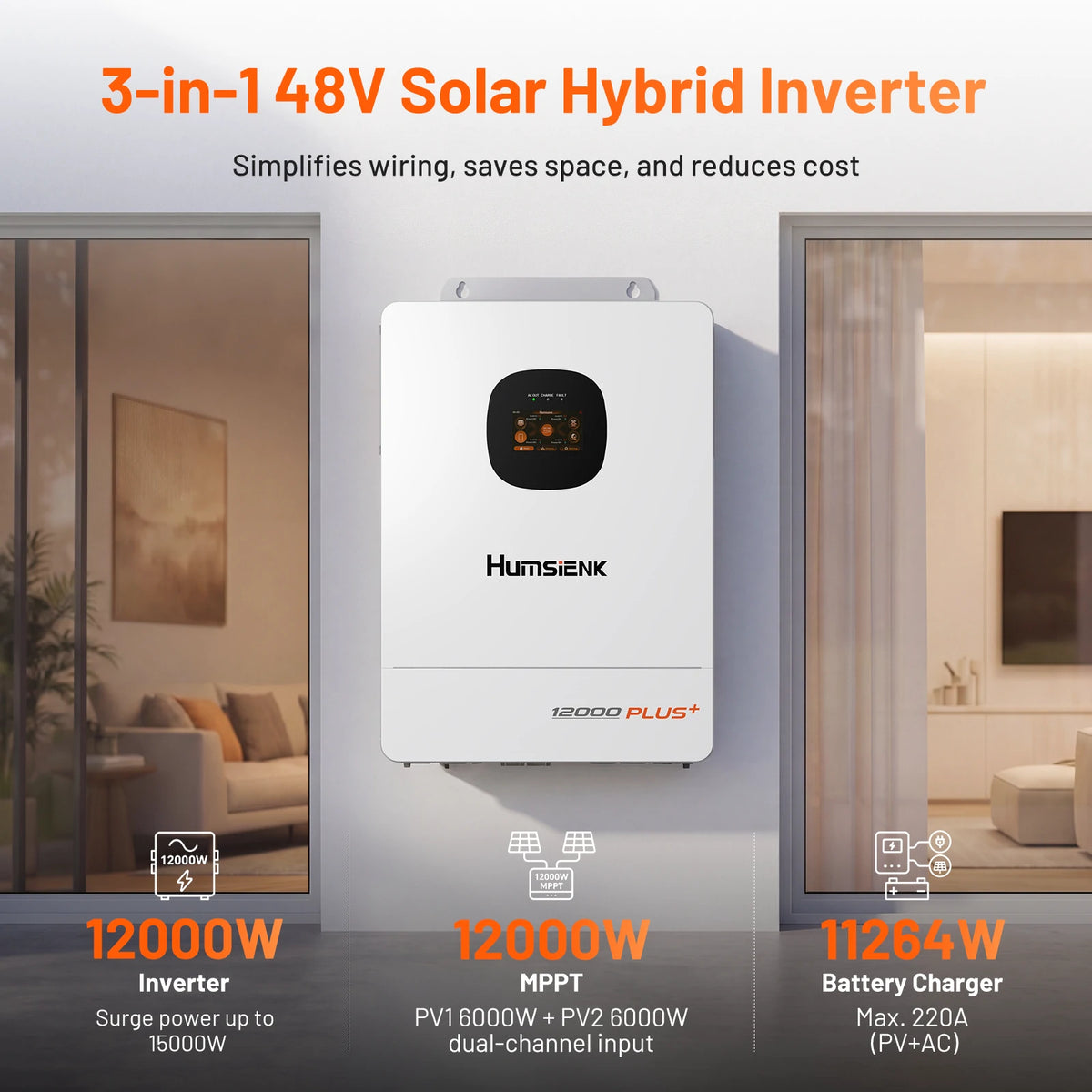 Humsienk 48V 12kW 3-in-1 Hybrid Inverter | Dual MPPT, 10ms UPS, 6-Unit Parallel