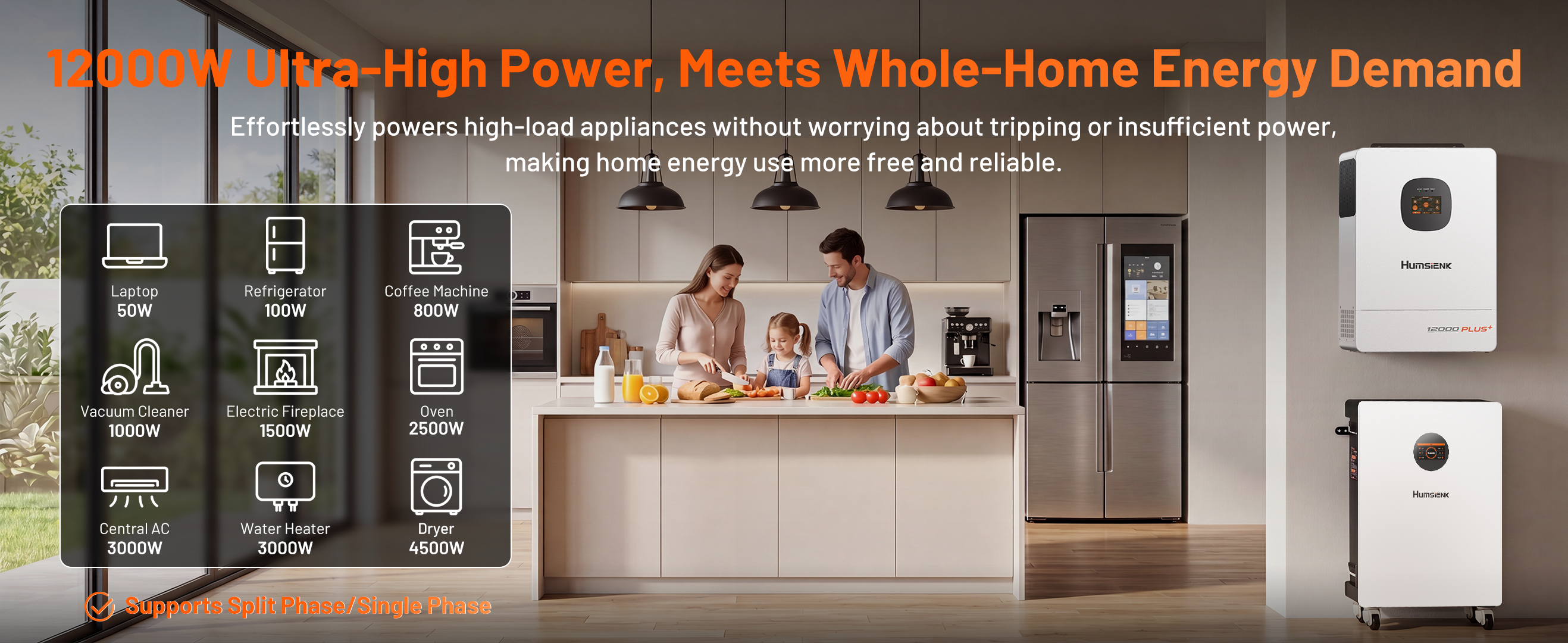 48V 12kW solar inverter powering whole-home appliances including central air conditioning, coffee machine, oven, and dryer with split-phase support.