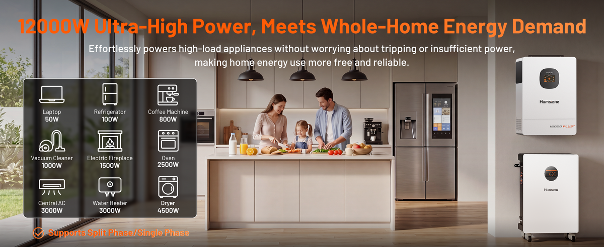 48V 12kW solar inverter powering whole-home appliances including central air conditioning, coffee machine, oven, and dryer with split-phase support.PC