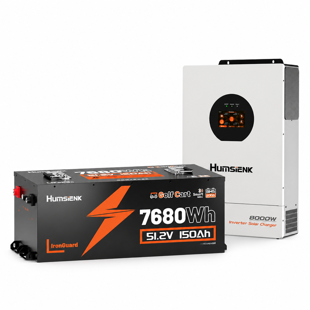 Humsienk 7680Wh 51.2V 150Ah lithium-ion battery with a white 8000W inverter solar charger