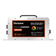 Humsienk 48V 25A AC-DC LiFePO4 battery charger with wide voltage input 100-240V, IP67 waterproof rating, and LED status indicators for golf cart and RV batteries