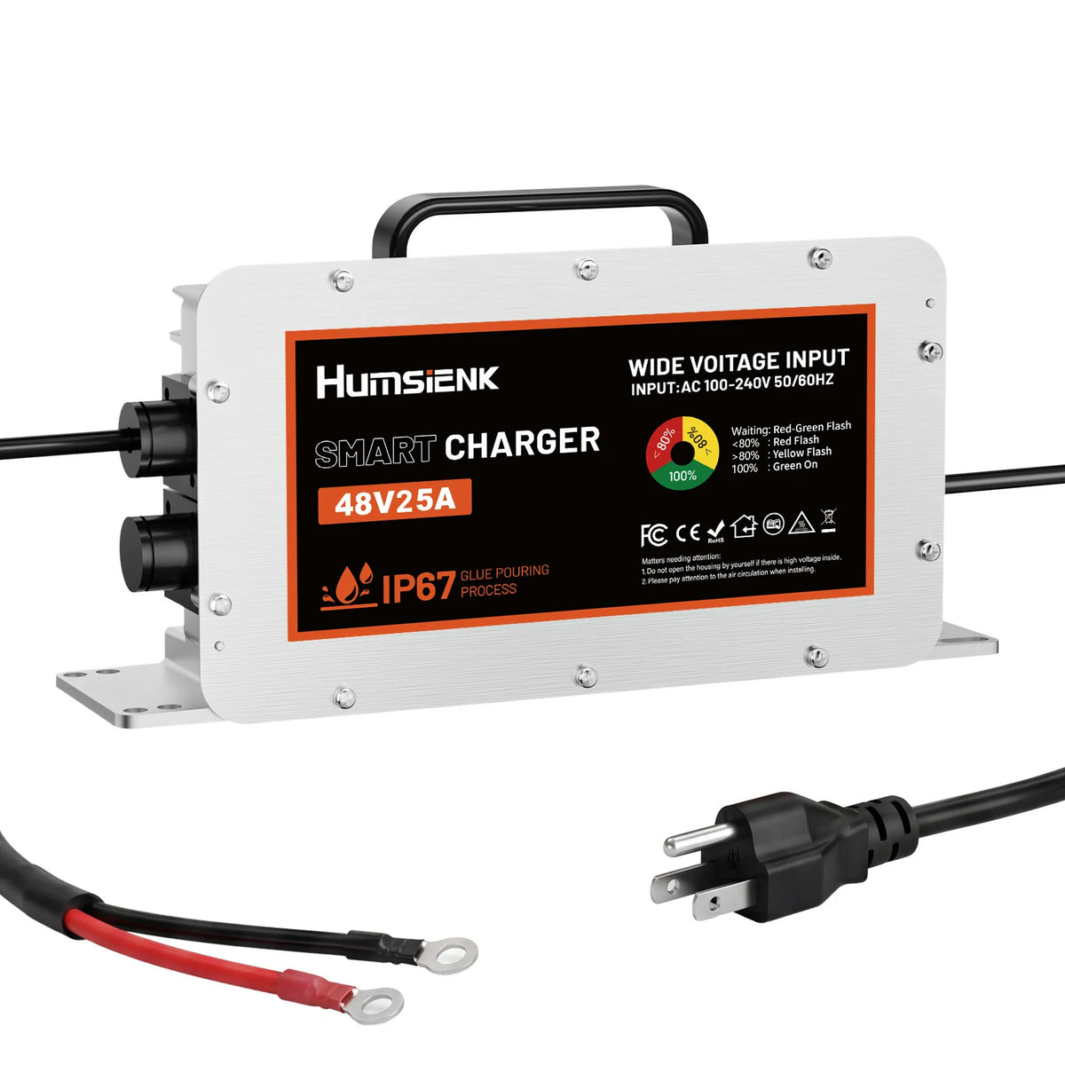Humsienk 48V 25A smart battery charger front view – shows LED charging status lights (red below 80%, yellow above 80%, green at 100%) and glue-pouring IP67 process