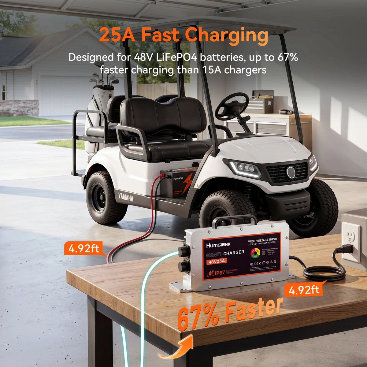 Humsienk 48V 25A LiFePO4 charger dimensions – 11.06 x 5.67 x 3.35 inches, lightweight at only 7.05 lbs, portable and space-saving design