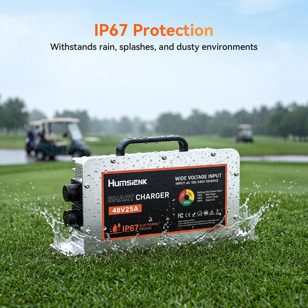 Humsienk 48V 25A IP67 waterproof battery charger – glue-pouring process withstands rain, splashes, and dusty environments, durable for outdoor use on golf carts and boats