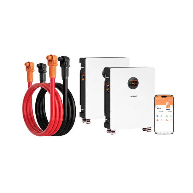 A bundle of two 48V 314Ah floor-standing batteries and a cable kit as one complete power solution