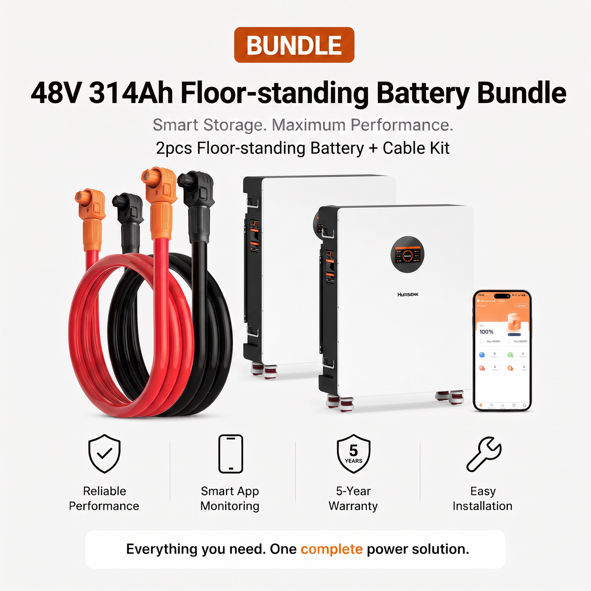 A bundle of two 48V 314Ah floor-standing batteries and a cable kit as one complete power solution
