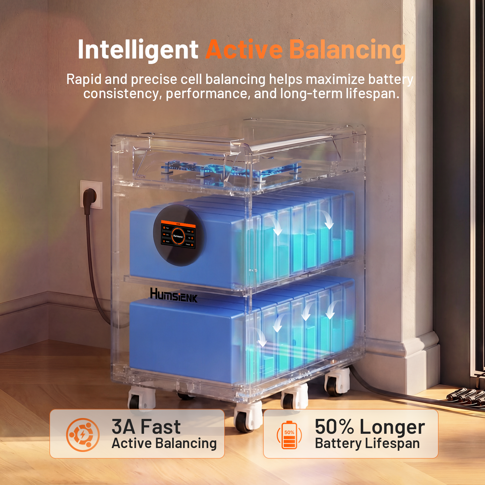 Humsienk 48V 628Ah battery intelligent active balancing with 3A fast balancing and 50% longer battery lifespan