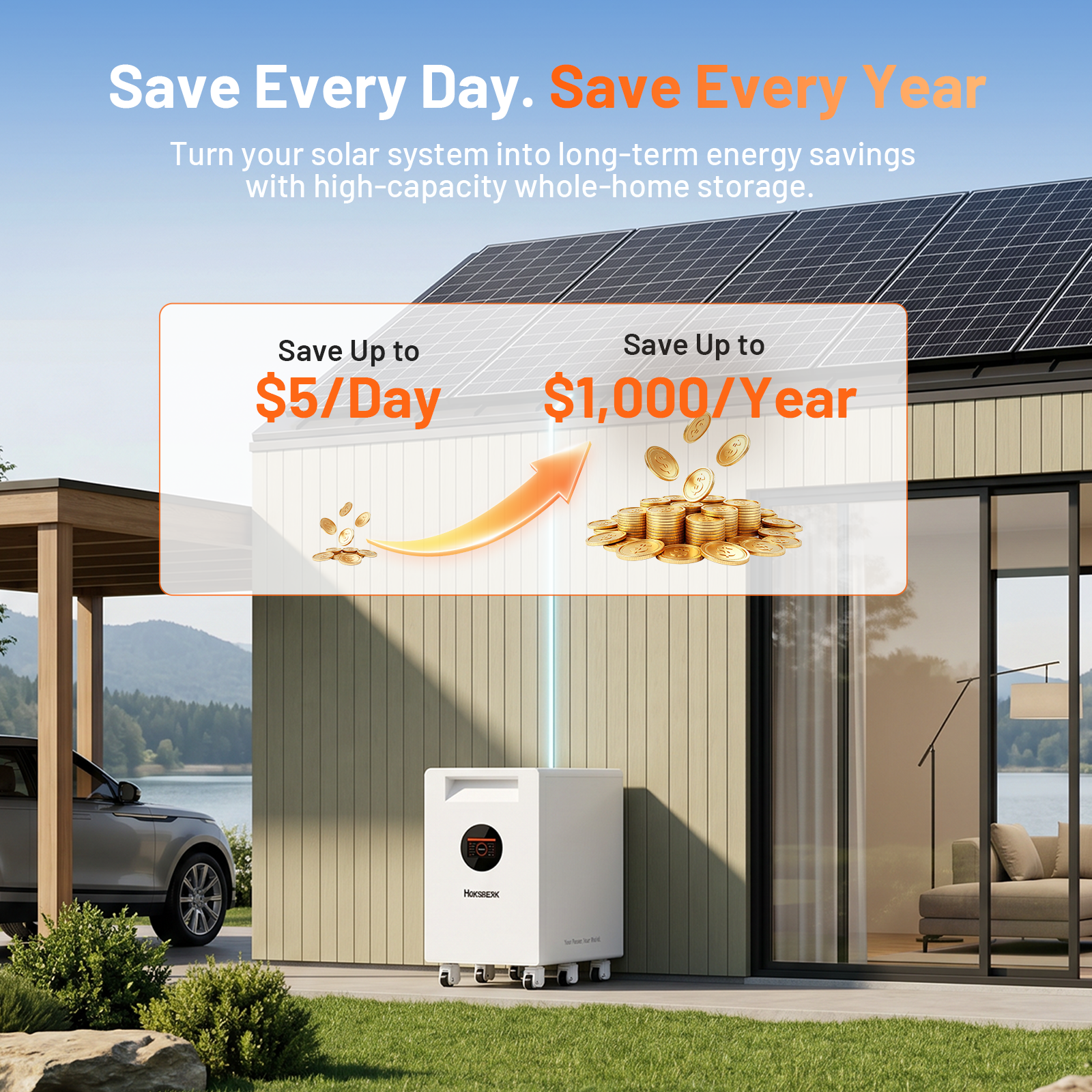 Humsienk 48V 628Ah whole home battery solar storage savings up to $5 per day and $1000 per year with high capacity storage