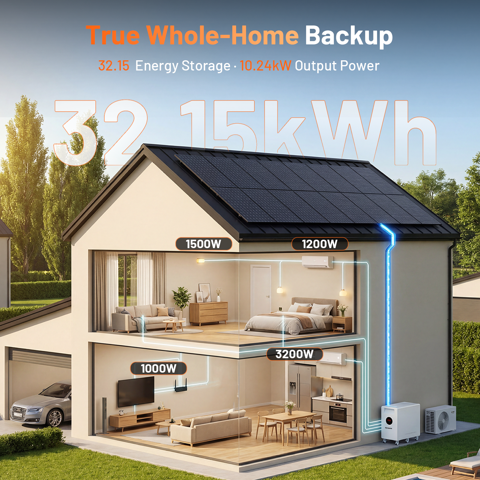 Humsienk 48V 628Ah 32.15kWh whole home battery backup system with 10.24kW output power and appliance load specs