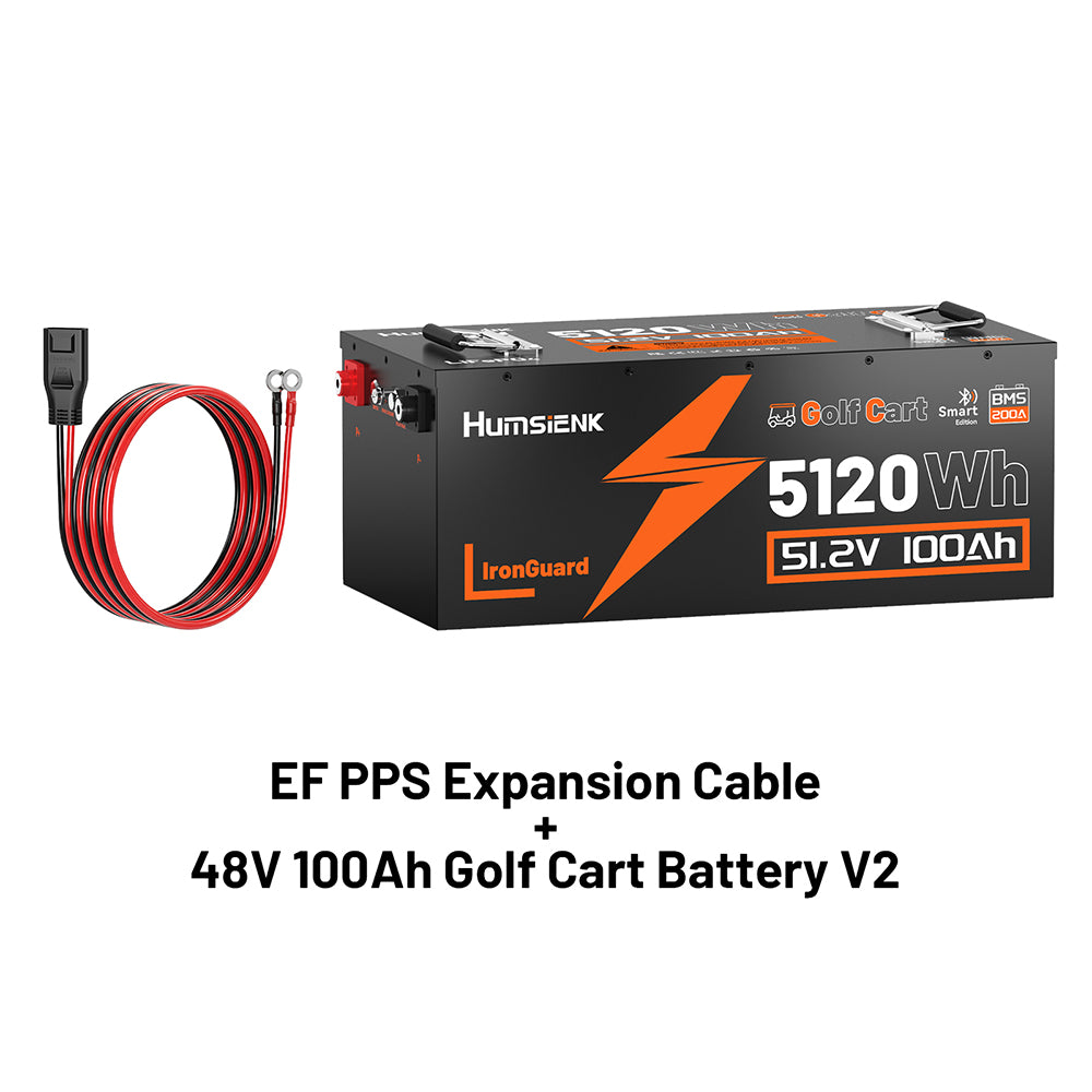 Humsienk 48V 100Ah golf cart battery V2 with EF PPS expansion cable on a white background