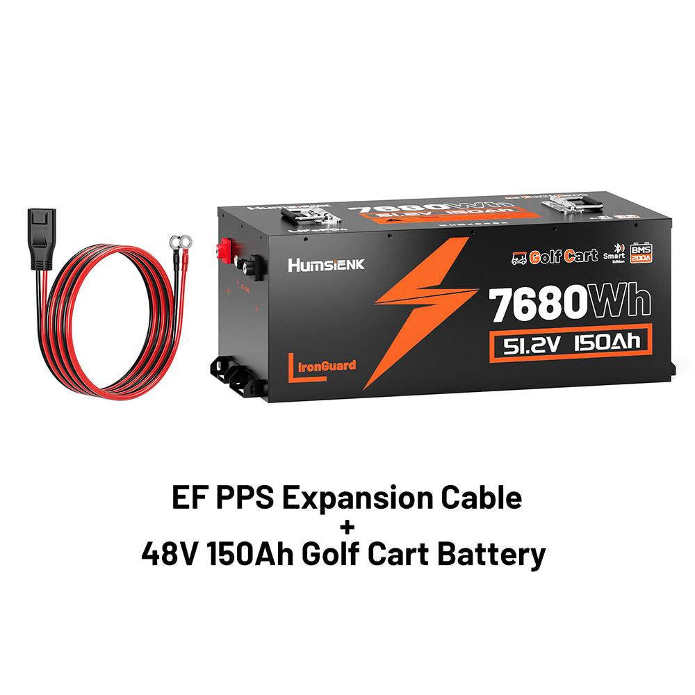 Humsienk 48V 150Ah golf cart battery with expansion cable on a white background