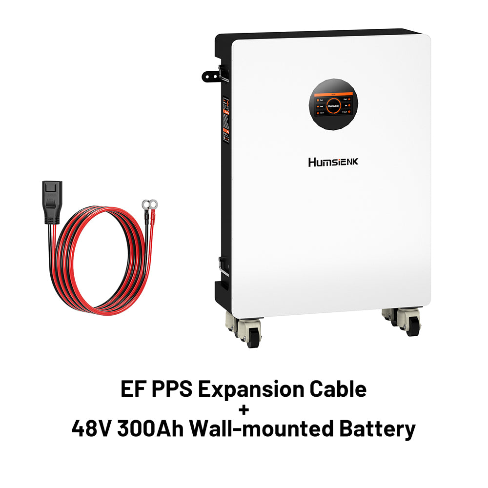 Humsenk EF PPS Expansion Cable and 48V 300Ah Wall-mounted Battery on a white background