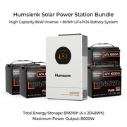 Humsienk solar power station bundle featuring a white inverter/solar charger in the center, flanked by four black 12V 160Ah LiFePO4 batteries, with text detailing 8kWh capacity and 8000W power output on a white background.