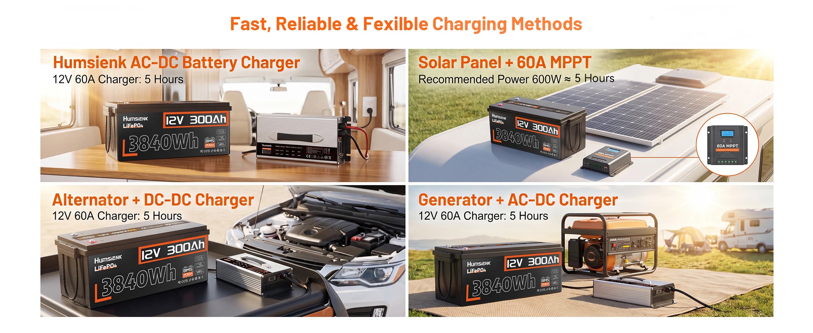 12V 300Ah battery charging 60A solar MPPT alternator generator 5 hours